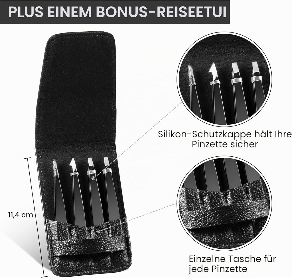 Upmore 4-Piece Stainless Steel Tweezers Set - Black Eyebrow Tweezers with Scissors, Straight, Slanted, Splinter, and Precision Tips for Men and Women