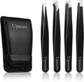 Upmore 4-Piece Stainless Steel Tweezers Set - Black Eyebrow Tweezers with Scissors, Straight, Slanted, Splinter, and Precision Tips for Men and Women