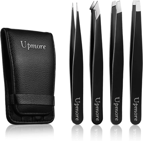 Upmore 4-Piece Stainless Steel Tweezers Set - Black Eyebrow Tweezers with Scissors, Straight, Slanted, Splinter, and Precision Tips for Men and Women