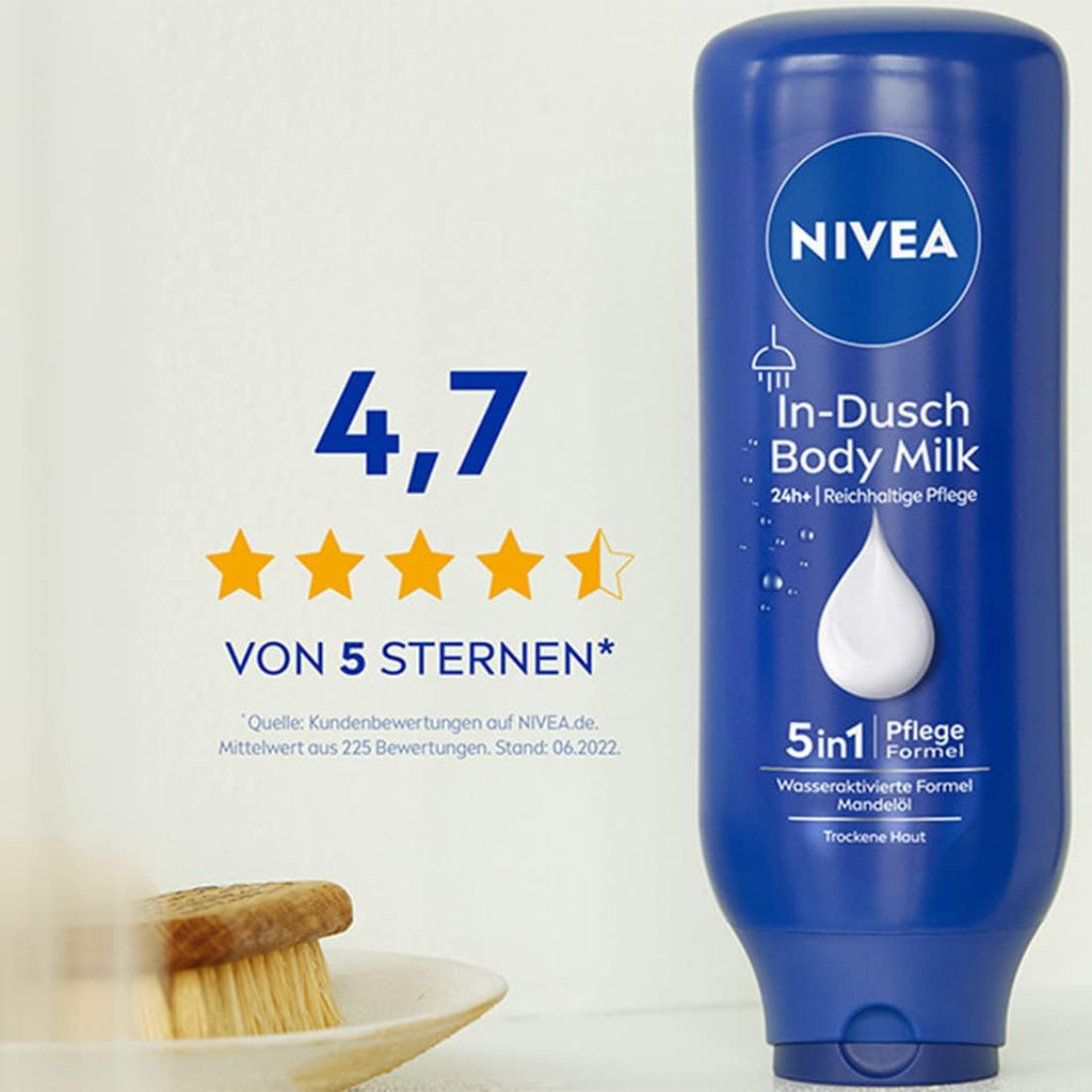 NIVEA In-Dusch Body Milk (400 Ml), Körpercreme Mit Mandel-Öl Und Wasseraktivierter 5In1 Pflege Formel, Feuchtigkeitsspendende Body Lotion Für Die Dusche
