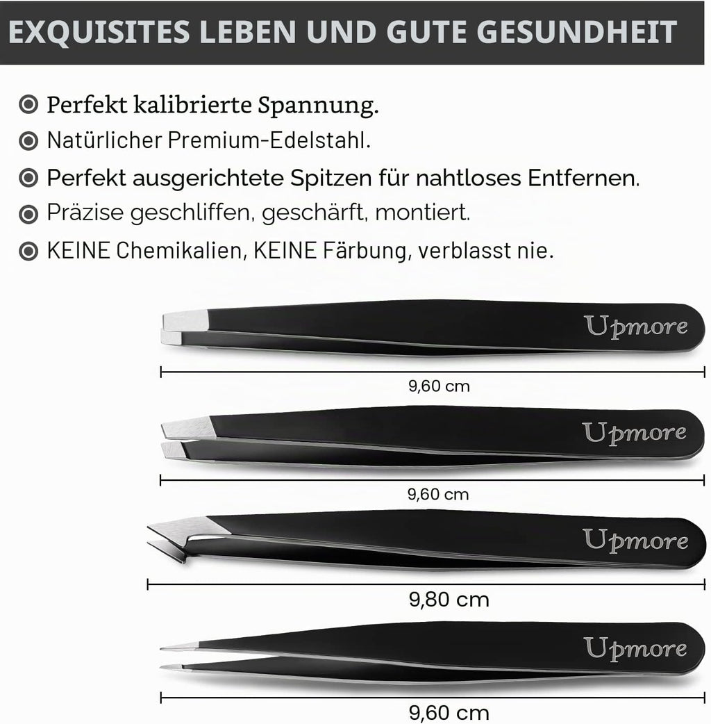 Upmore 4-Piece Stainless Steel Tweezers Set - Black Eyebrow Tweezers with Scissors, Straight, Slanted, Splinter, and Precision Tips for Men and Women