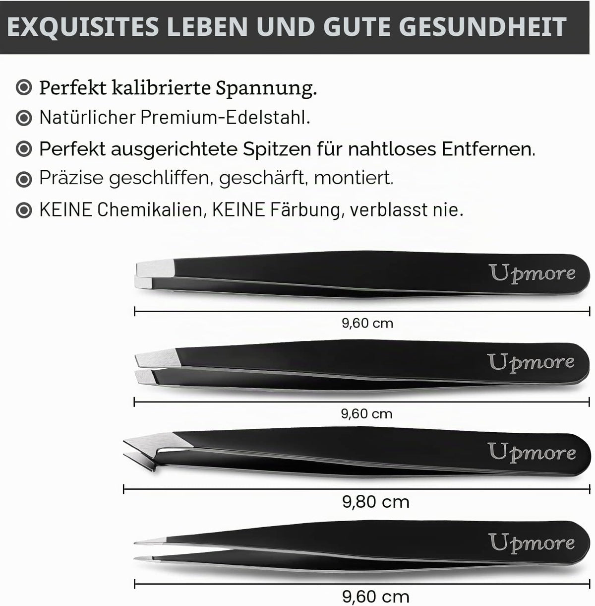 Upmore 4-Piece Stainless Steel Tweezers Set - Black Eyebrow Tweezers with Scissors, Straight, Slanted, Splinter, and Precision Tips for Men and Women